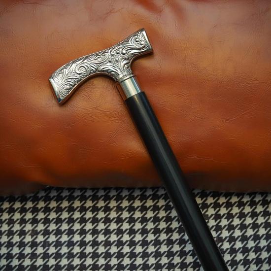 Engraved Silver-Tone Handle Walking Cane Elegant Black Wood Stick Birthday Gift