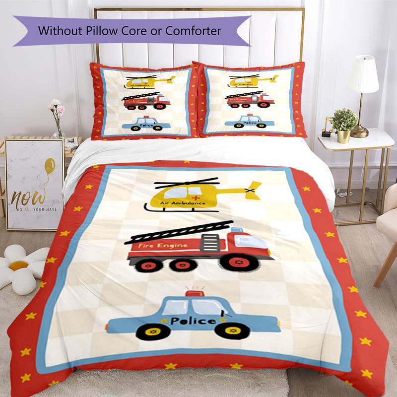 3pcs fire trucks police cars Bedding Set Duvet Cover Closure Includes 1 Duvet Cover & 2 Pillowcases, Soft and Comfortable for All Seasons.