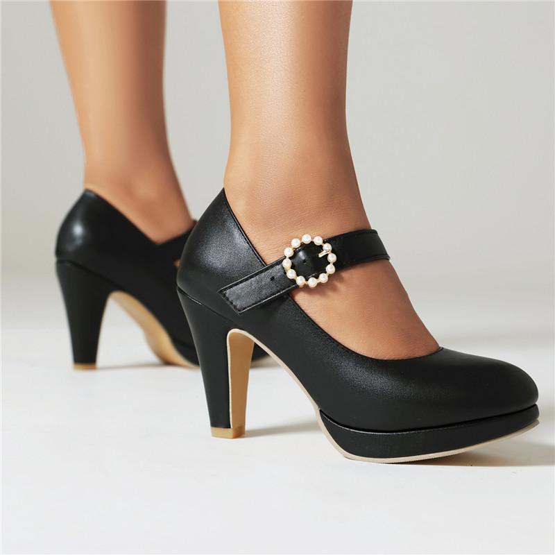 Enkeltsko med høye hæler for kvinner vår og høst nye enkel vanntett plattform tykk hæl grunt munn stor størrelse fire årstider sko