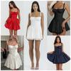 Women's Coquette Style Lace Trim Spaghetti Strap Mini Dress Corset Waist Backless Flared Sexy Party Casual Dress