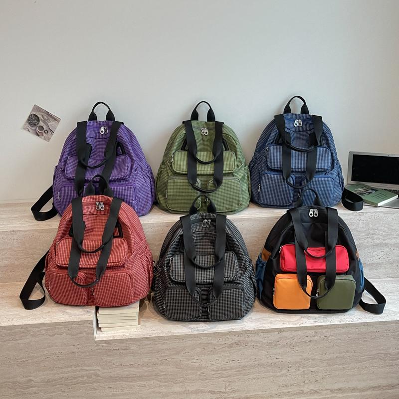 Color Contrast Backpack Women's Large Capacity Commuter Handbag Multi-Functional Plaid Tote Bag