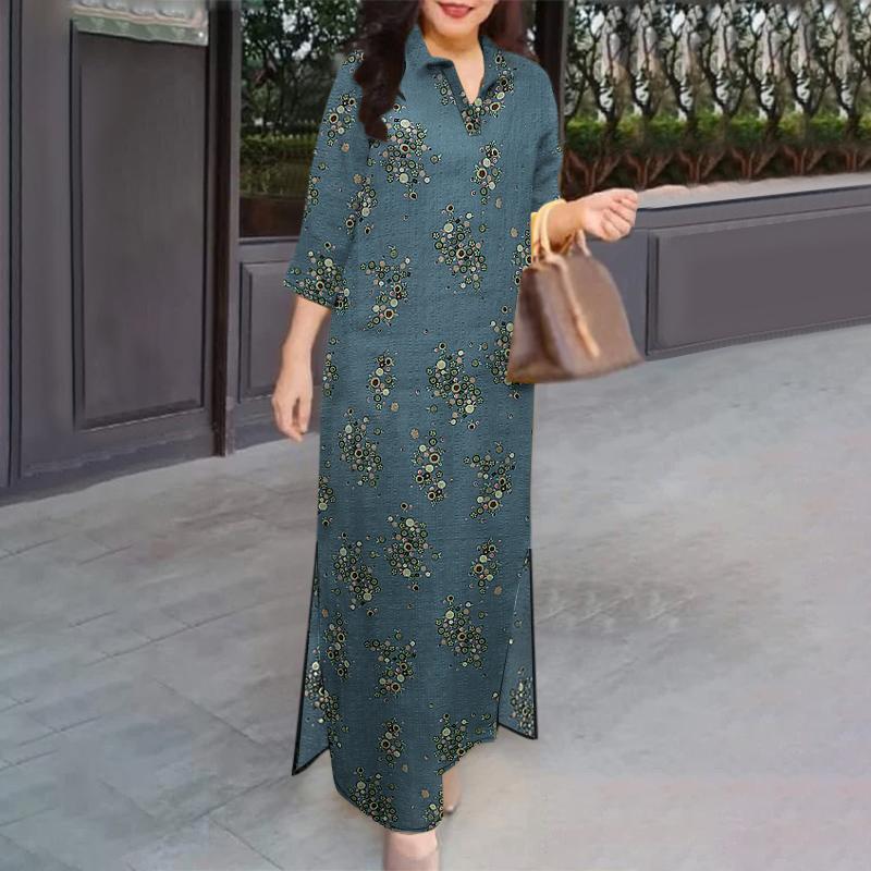 

ZANZEA Женское повседневное платье с отложным воротником, свободного кроя, с рукавами 3/4 и цветочным принтом XL синий