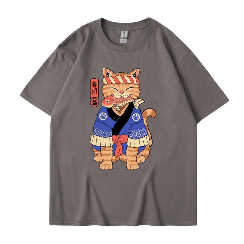 Japanese Harajuku Samurai Sword Cat T-Shirt Men Women Casual Tee Clothes Cotton Summer Tops Breathable T-Shirts