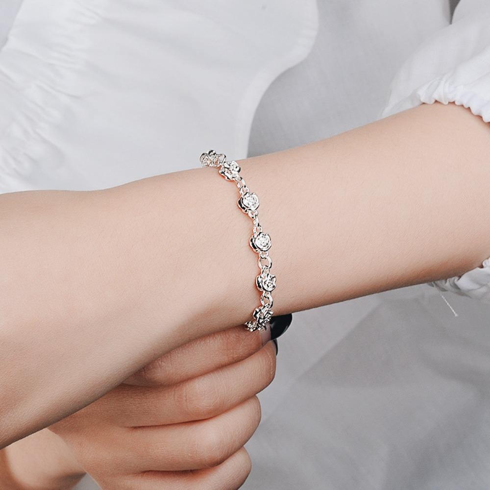 Elegant Silver Bracelet for Women with Rose Flower Design Sterling Silver Jewelry Gift