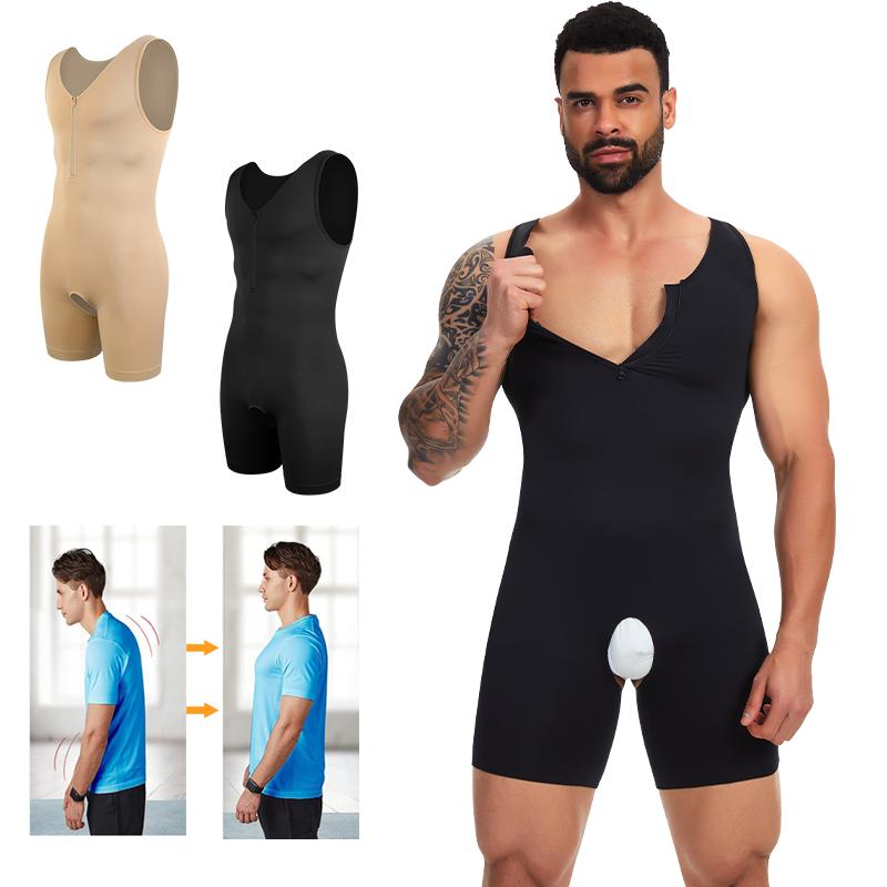Мужское корректирующее белье для всего тела без рукавов с глубоким вырезом и застежкой-молнией, с открытым шаговым швом, нижнее белье для коррекции живота Fajas Abs Abdomen S