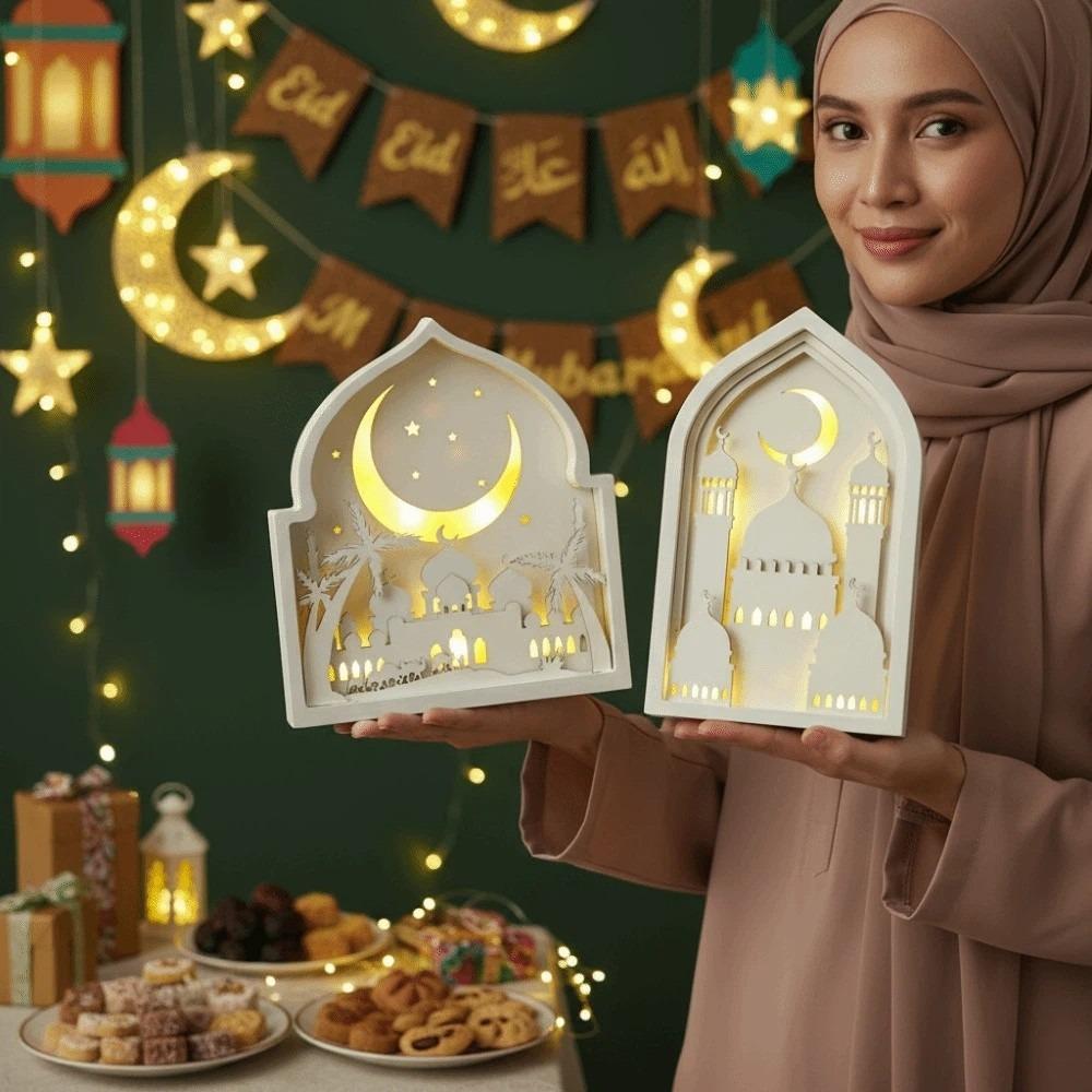 Moon Night Light Ornament LED Eid Wooden Decoration Handmade Eid Desktop Ornament  Table Decoration