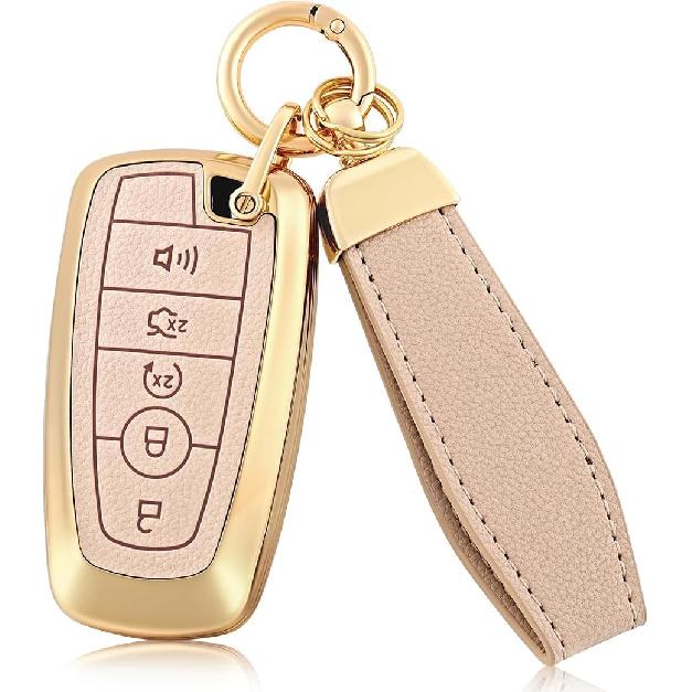 EnerCharge For Ford Key Fob Cover with Keychain, Soft TPU and Leather Key Case Shell Full Protection for Ford Explorer Escape