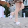 Furry Sexy Thin Stiletto Platform Slide Sandals, Transparent Crystal Heel Women Shoes For Wedding Banquet Formal Dress Occasions WZ-198614-89