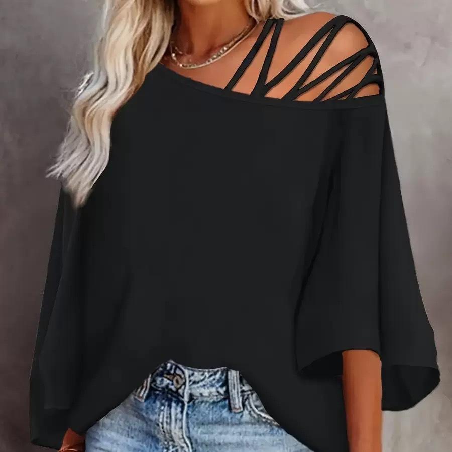 

Літня жіноча футболка Модна Вільна Повсякденна з косим вирізом Топи Футболка з принтом XXL чорний