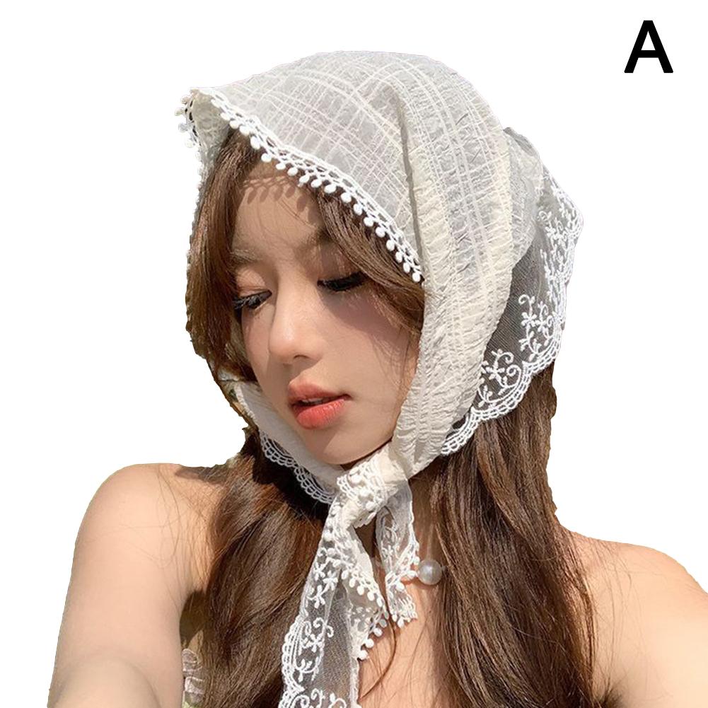 French Floral Lace Triangle Headscarf Romantic Summer White Lace Hair Scarf Wrap Hair Ribbons Travel Photo Headband Bandanas