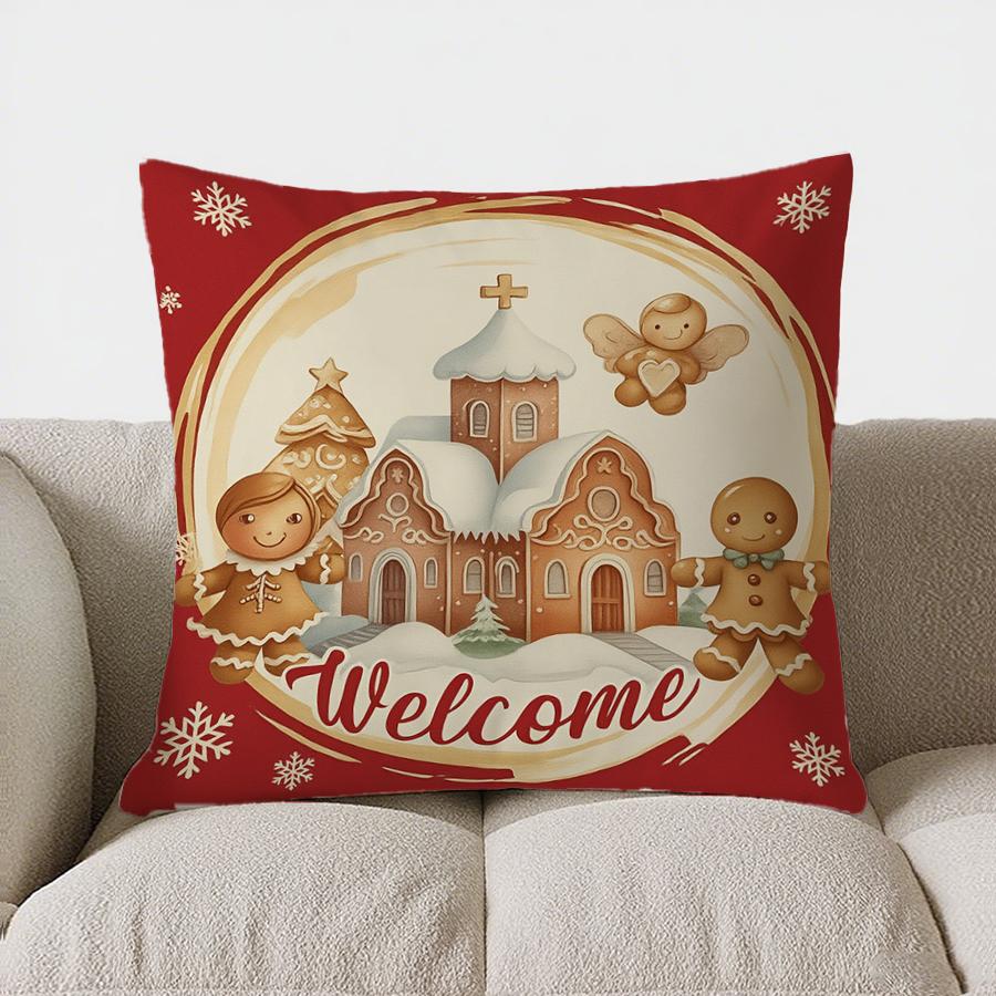 Home Decor Gingerbread Christmas Welcome Pillow Cover Pattern Cushion Cover Suitable For Sofa Bedroom Car Pillow Cover