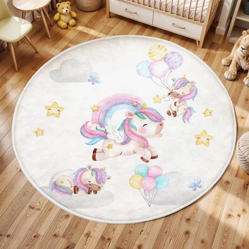 Enchanted Unicorn Floral Round Rug for Home Decor Magical Rainbow Playful Floor Mat for Kids Nursery Bedroom Fantasy Decor