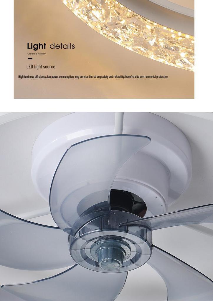 Modern Minimalist LED Crystal Ceiling Fan with 360° Rotation for Bedroom and Study