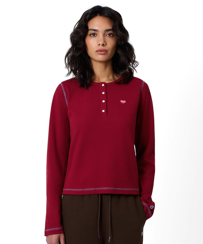 CHAMPION Women'S Heart Logo Henley Neck Long Sleeve Red