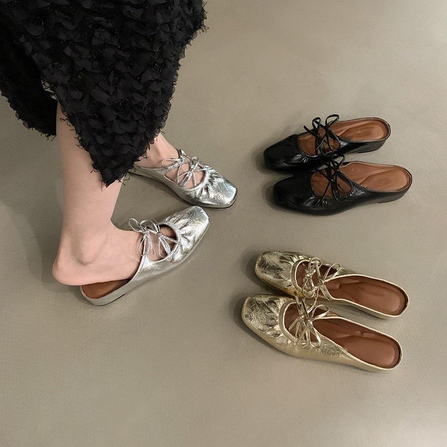 Inner height-increasing bow silver bag head half-drag women's shoes fashionable outer wear 2025 new summer Mary Jane sandals