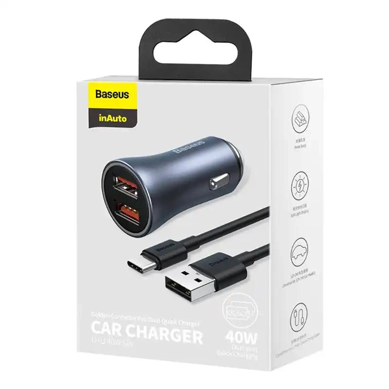 Ładowarka Samochodowa Baseus Golden Contactor Pro, 2X Usb, 40W (Szara) + Kabel Usb Do Usb-C 1M (Czarny)
