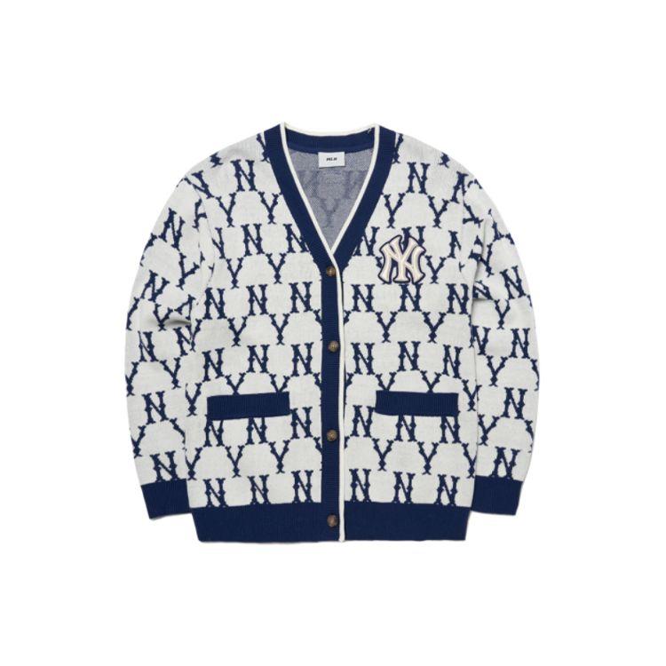 MLB Seria Podstawowego Logo Sweter Dzianinowy Color Block z Kwiatowym Wzorem Unisex Sweter Niebieski Biały 3AKCM0121-50CRS