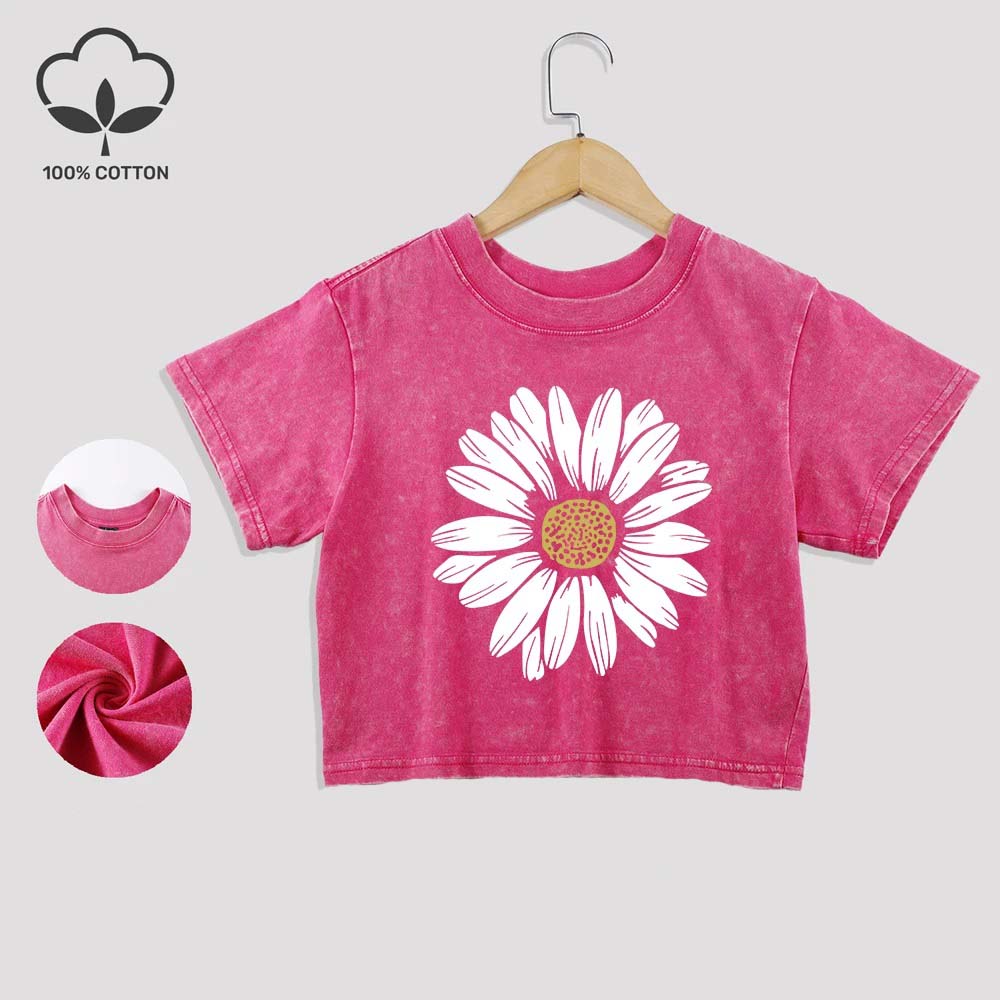 Beautiful Sunflower Prints Cotton Washed T-Shirt Trend Summer Lace Hem Crop Tees O-Neck Regular Fit Short Sleeve Casual Clothes