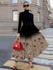Women's A-Line Midi Skirt with Gradient Black Burgundy Rose Print Vacation Style High Waist Pleated Summer Skirt for Ladies