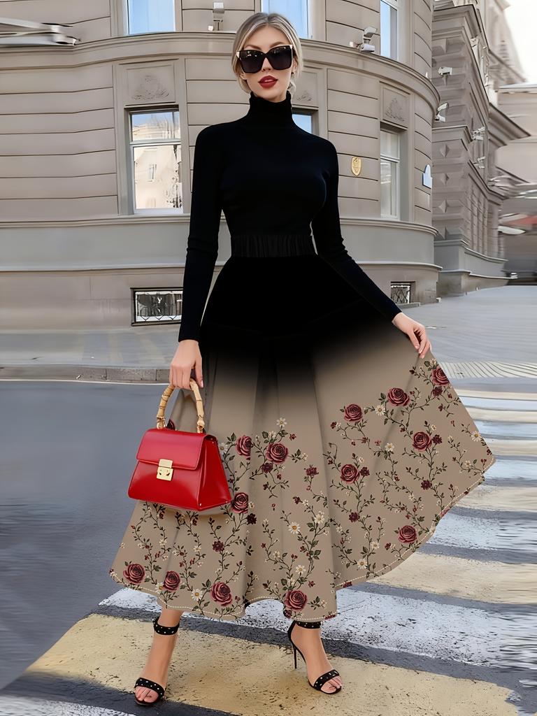 Women's A-Line Midi Skirt with Gradient Black Burgundy Rose Print Vacation Style High Waist Pleated Summer Skirt for Ladies