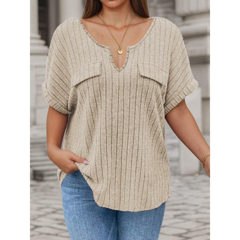 QICED Women's Fashion Casual Solid Color Print Short Sleeve V Neck Blouses & Shirts