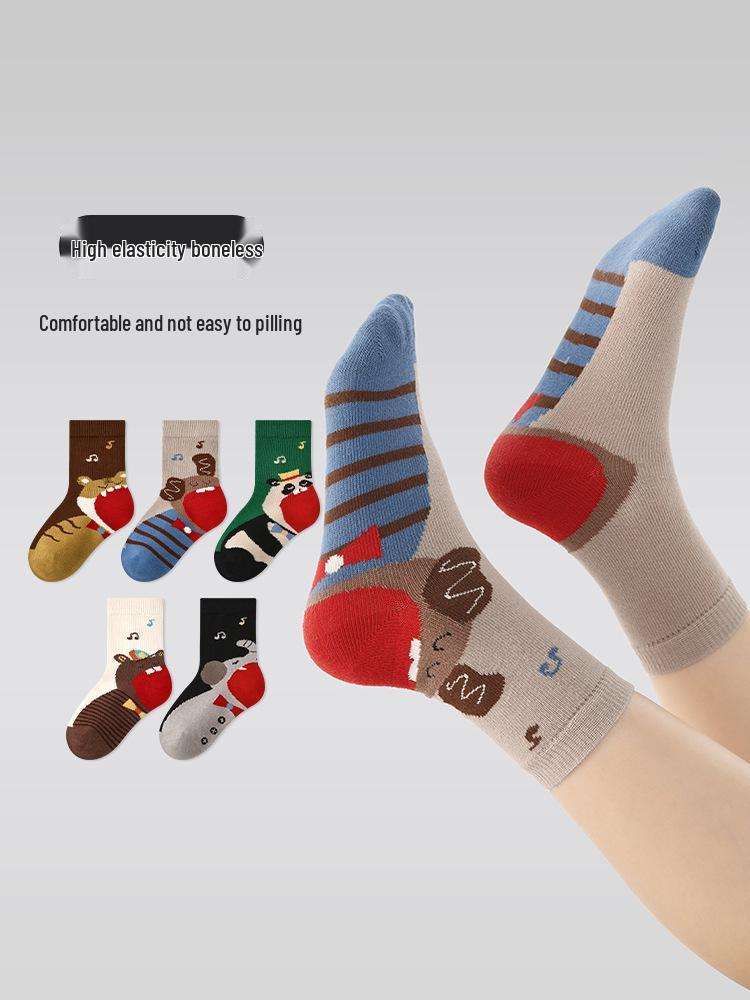 Kids' Seamless Cartoon Animal Color Block Mid-Calf Cotton Socks for Autumn & Winter Sports