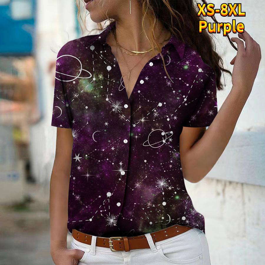 

2025 Лето Новая Мода Женская Рубашка с Коротким Рукавом и V-образным Вырезом Повседневная на Пуговицах Топ с Принтом Планеты 8XL фиолетовый