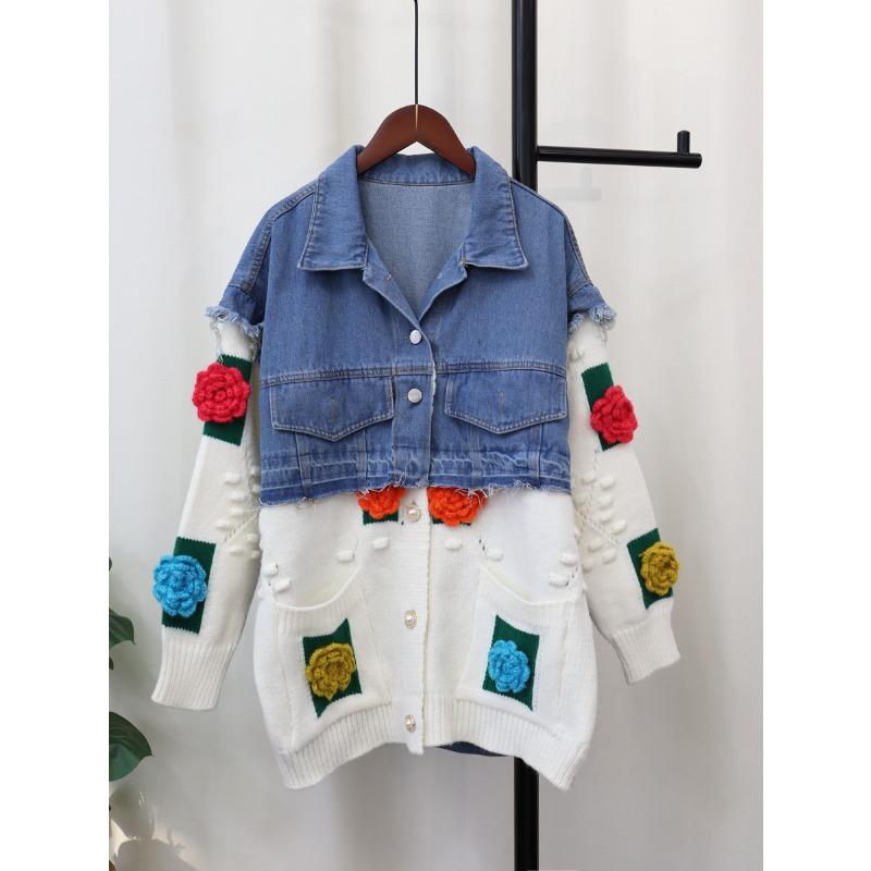 

Женский вязаный кардиган с трехмерным цветком из денима, осенне-зимний, новый, свободного кроя, куртка-свитер one size fits all