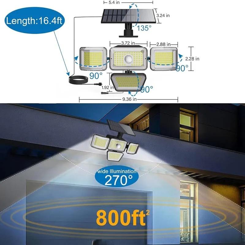 278LED Solar Lights 4 Head Adjustable with 3 Lighting Modes IP65 Waterproof Solar Lights Outdoor Garden Security Lights