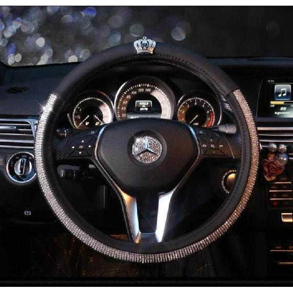 Diamond Crown Car Steering Wheel Cover Leather Crystal Rhinestone Covered Steering-Wheel Covers Women Girls Interior