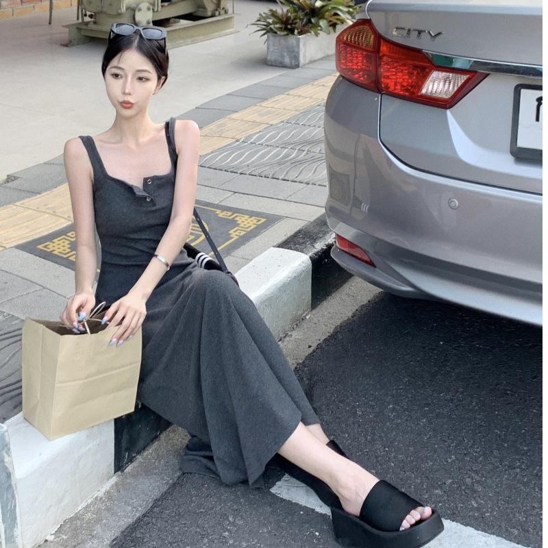 Grey Suspender Skirt Spice Girl Long Dress Slim Dress Women's Summer Temperament Waist Slim Hip Skirt Vest Skirt
