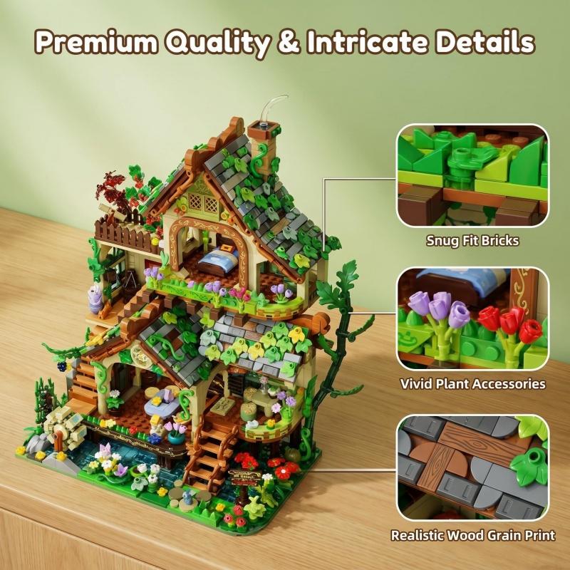 Ensemble de construction de cabane d'elfe de la forêt, modèle de maison forestière modulaire avec roue à aubes et décorations florales, kit de briques créatif STEM pour la maison D