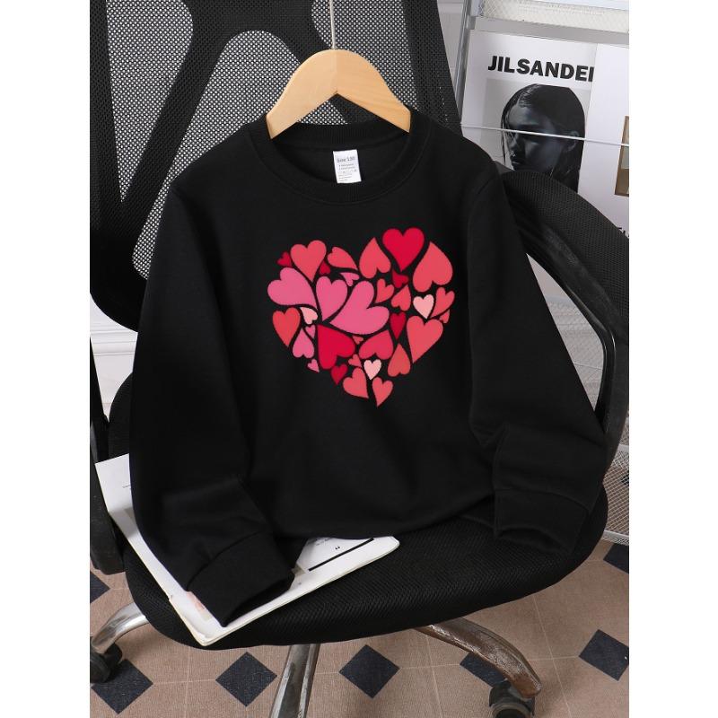 European Sizes Girls' Crew Neck Sweatshirt with Heart Pattern Love Design In Red Pink, Soft Cozy Pullover, Warm Casual for Autumn & Winter.