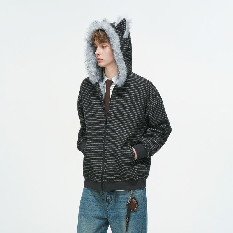 Dream Made Cat Ear Mountain Carving Jacket for Men, Winter Fleece-Lined Thickened Warm Couple Cotton Coat, Striped Cotton Jacket