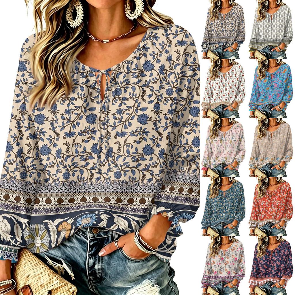 Damen Vintage Blumenmuster Halsschleife Vorne Langarm Rüschen Pullover Top