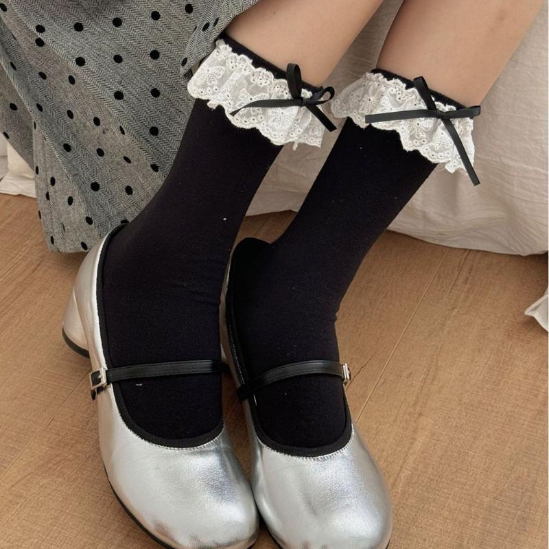 JK White Over The Knee Socks Women Classic Sweet Lace Ruffles Thigh Socks with Bowknot Girls Lolita Cotton Long Stockings Woman