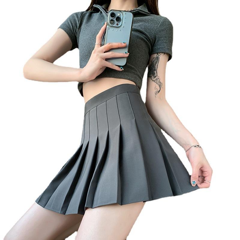 

Серая плиссированная юбка с высокой талией для женщин на лето, ретро, облегающий костюм, защита от просвечивания, маленькая А-силуэта, юбка до середины бедра XXL