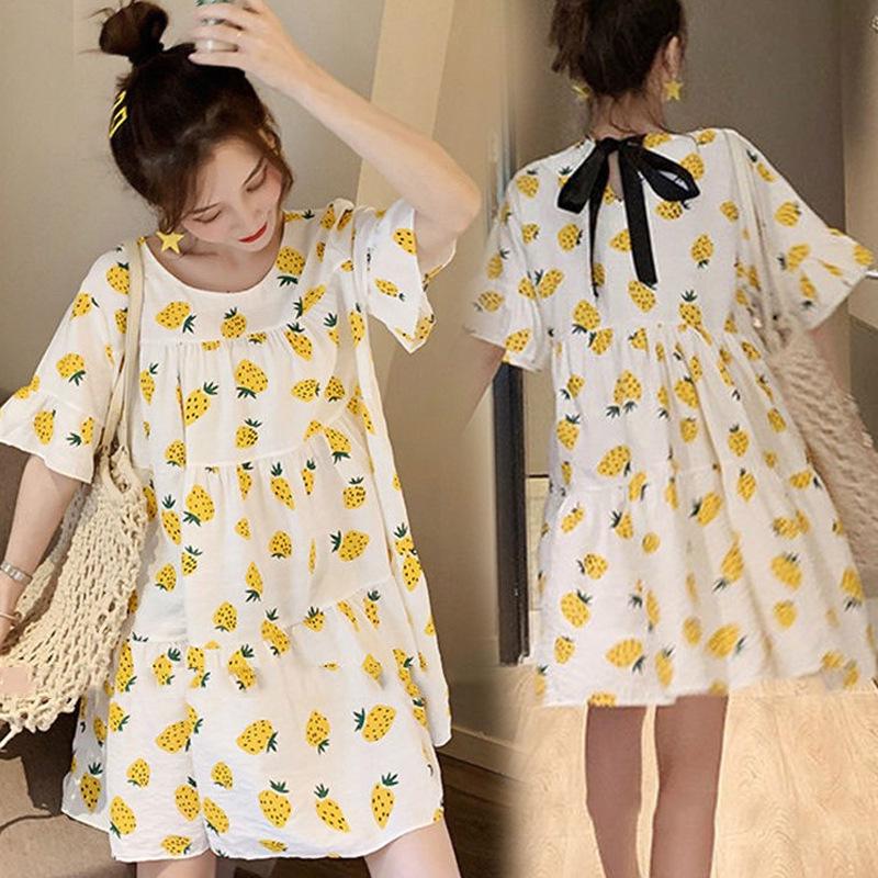 Korean Style Strawberry Maternity Mid-Sleeve Dress, Summer 2024: Loose, Stylish, Belly-Covering Dress for Expectant Mothers.
