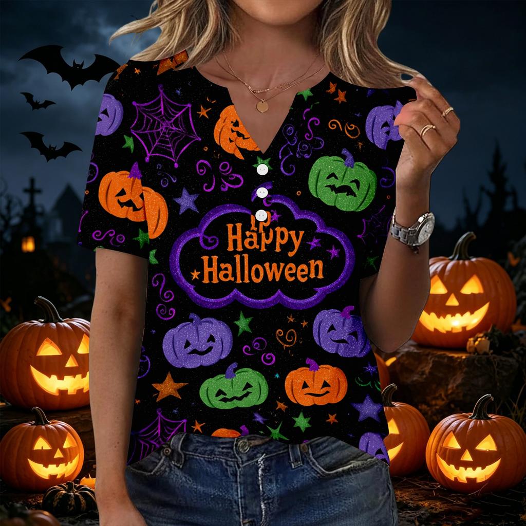 Women's Casual Halloween Print V Neck Short Sleeve Button Detail T Shirt Top Suitable for Everyday Wear and Seasonal Events