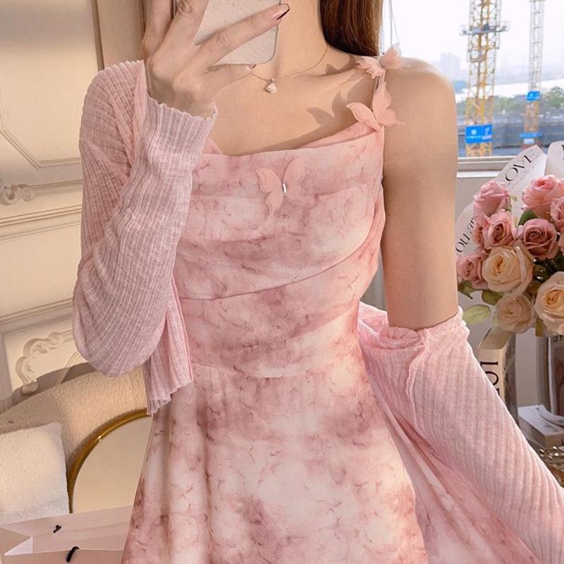 

Летнее новое платье с вырезом на плече, на бретелях, элегантное платье без рукавов, женское милое платье макси с бабочками, однотонный кардиган в рубчик XL розовый