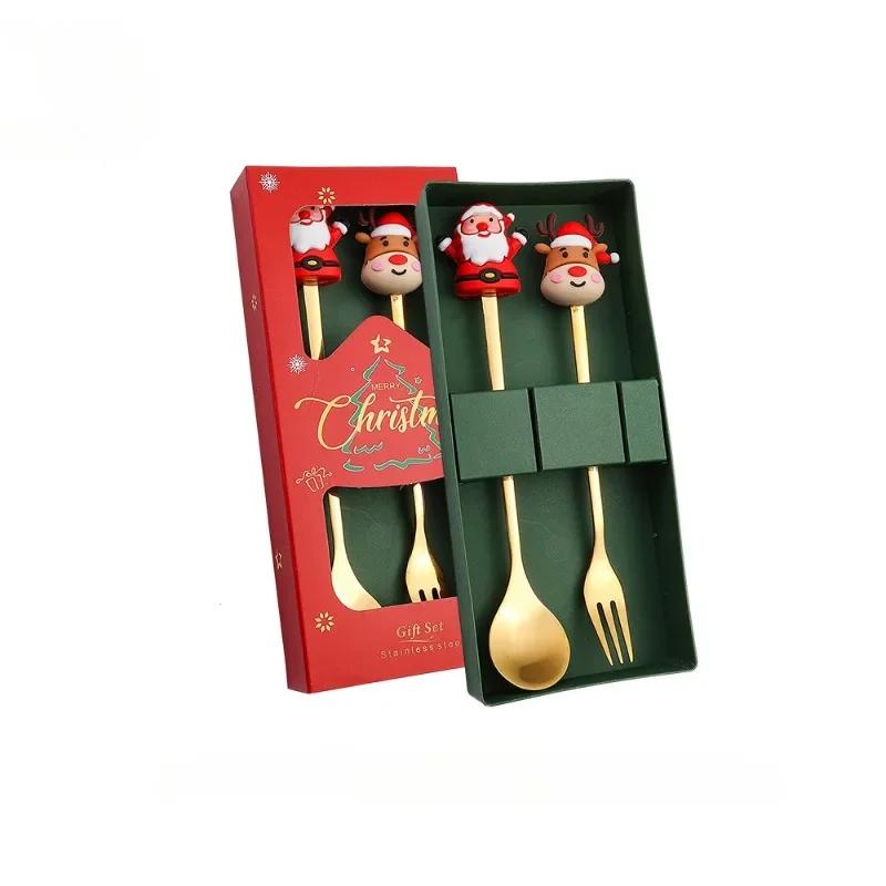 2/4/6Pcs Christmas Spoon and Fork Set Stainless Steel Creative Tableware Coffee Tea Dessert Scoop Fork Exquisite Gift Box Set
