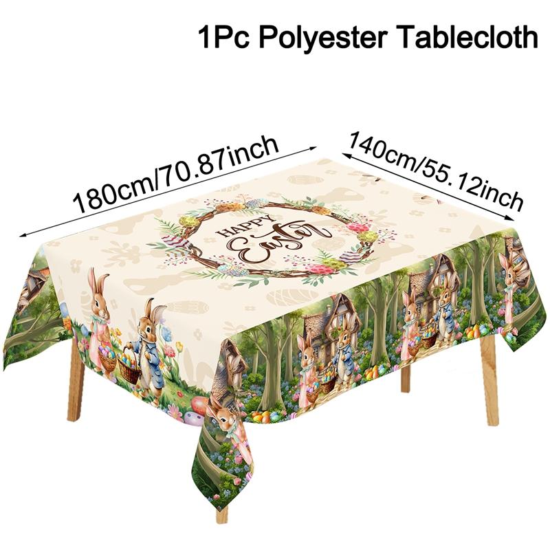 Vintage Easter Bunny Tablecloth Rabbit Eggs Flower Table Flag Cover Happy Easter Decoration For Home Kitchen Dining Table Decor
