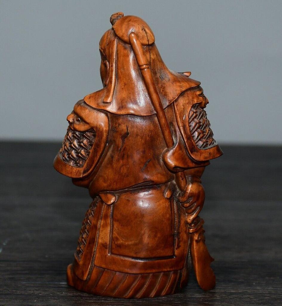 Chinese Natural Boxwood Carved Historical Figure Guan Yu Statue Wooden Figurines