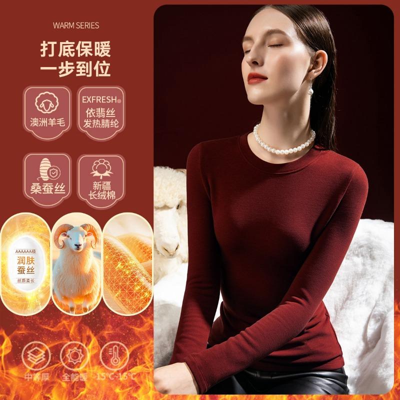 

New wool silk thickened fleece crew neck bottoming shirt autumn clothes women s heating underwear fleece thermal top winter M
