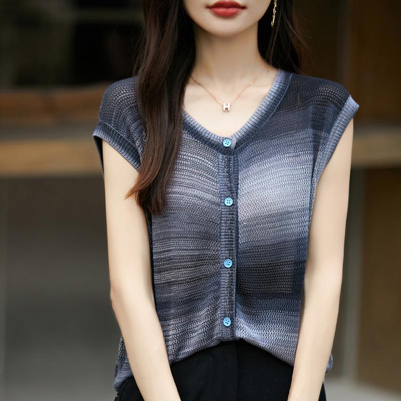 Women's wool sleeveless cardigan Qinghe cashmere 50% silk 50% wool spring and summer wool short sleeve sleeveless vest soft and comfortable