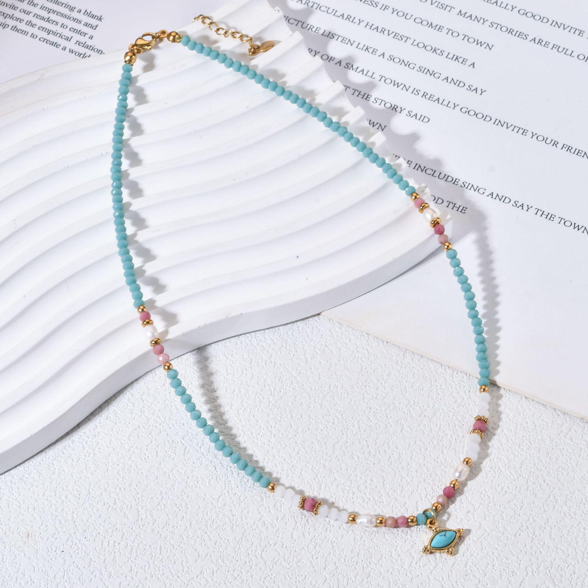 Elegant Blue Glass Beaded Necklace with Red Veined Stone & Freshwater Pearls