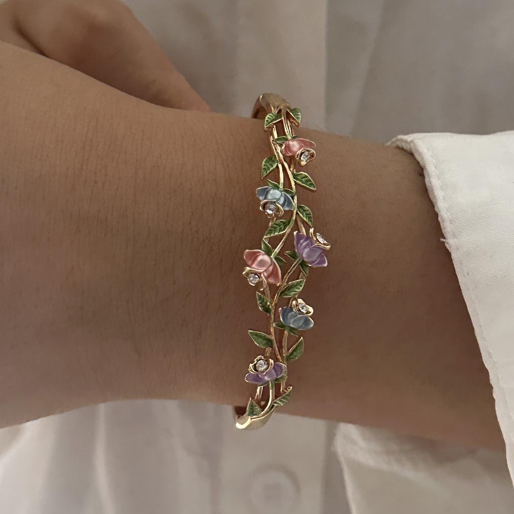 Boho Vintage Colorful Enamel Flower Bracelet For Women Gold Plated Crystal Zircon Hollow Floral Bangle Party Wedding Jewelry