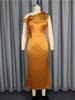 Brown Asymmetrical Neck Off Shoulder Slim Fit Stain Dress with 3D Flower Ruffles Elegant Women Party Dresses
