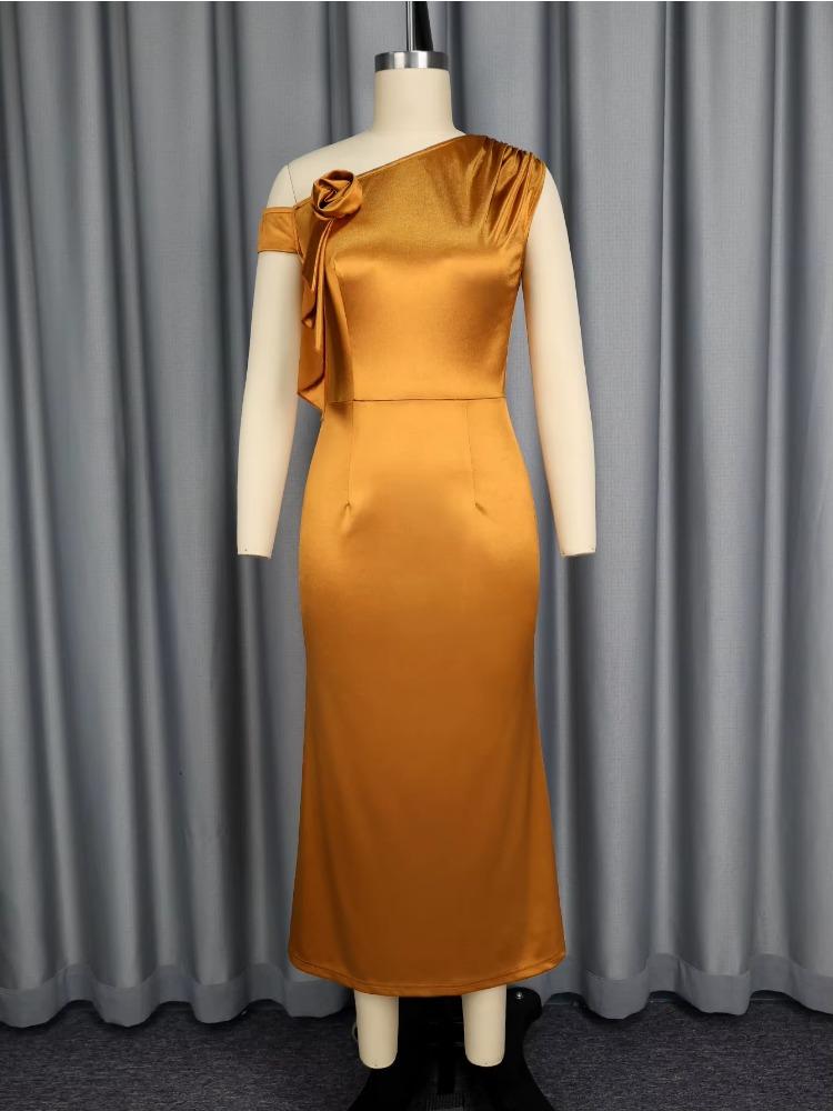Brown Asymmetrical Neck Off Shoulder Slim Fit Stain Dress with 3D Flower Ruffles Elegant Women Party Dresses