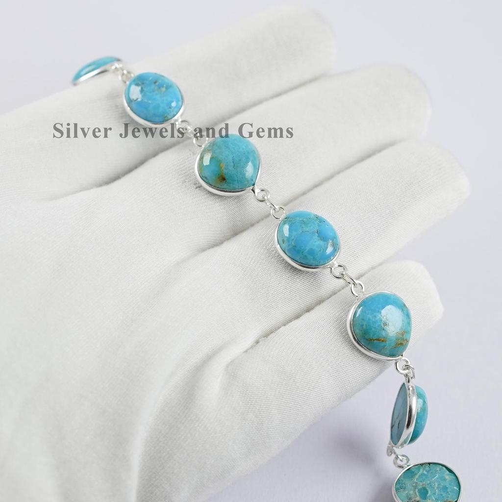Turquoise Bezel Bracelet, Handmade Bracelet for Her, 925 Sterling Silver Bracelet, Oval and Pear Turquoise Jewelry, Light Weight Bracelet
